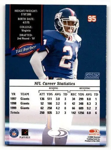 Original gloss Tiki Barber Giants football card from 2000 Donruss series