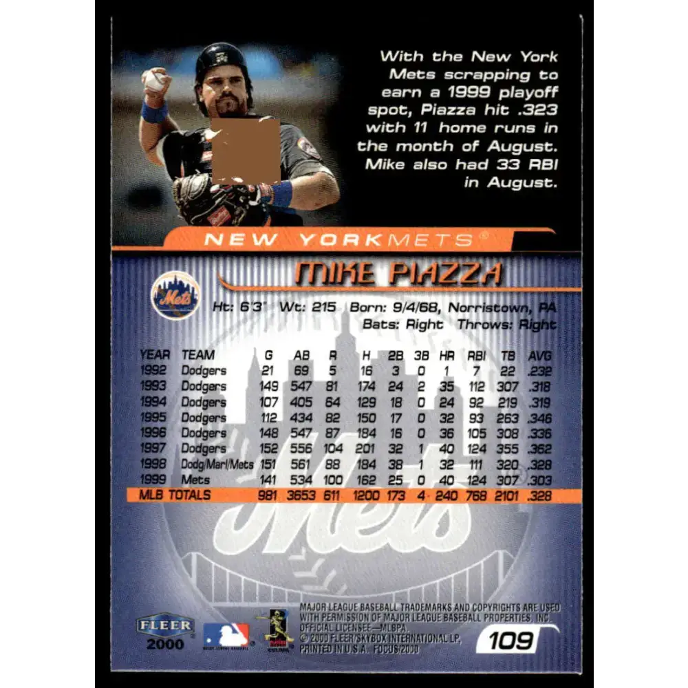 2000 Fleer Focus #109 Mike Piazza EX/NM New York Mets Baseball Card - Baseball Card Single