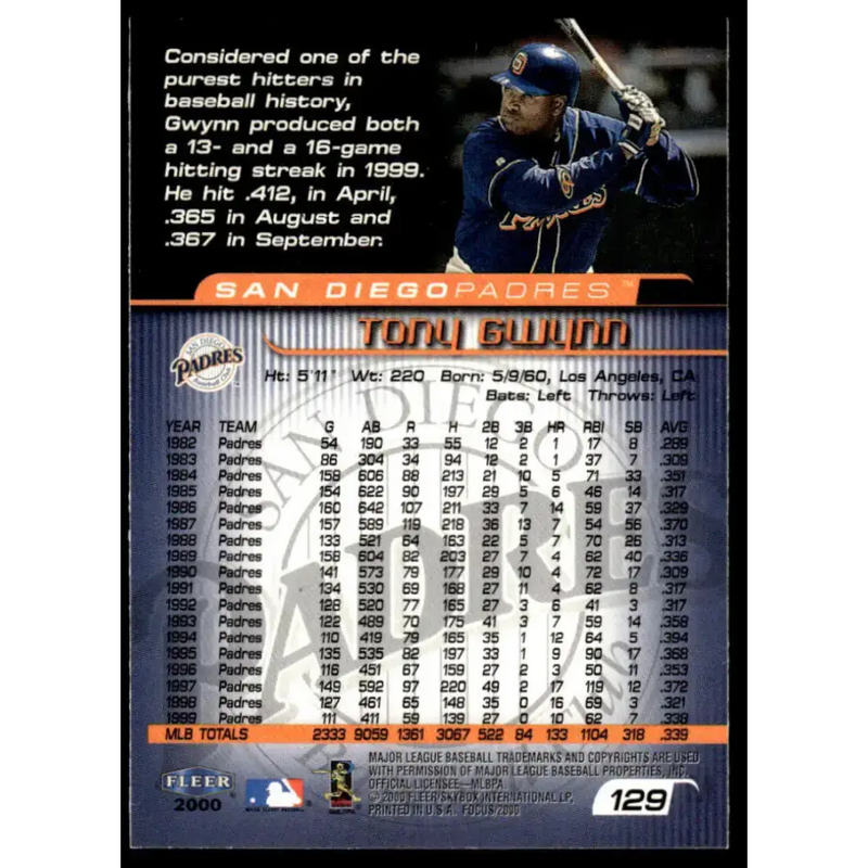 2000 Fleer Focus #129 Tony Gwynn NM/MT San Diego Padres Baseball Card - Baseball Card Single