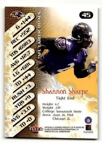 Shannon Sharpe Baltimore football card from 2000 Fleer Gamers #45 Baltimore Ravens