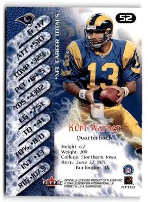 2000 Fleer Gamers #52 Kurt Warner - Football Card Single