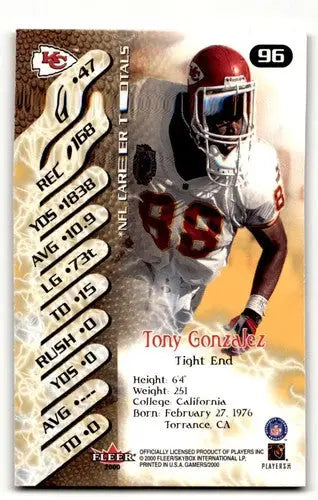 Original gloss Tony Gonzalez Kansas City football card from 2000 Fleer Gamers Series