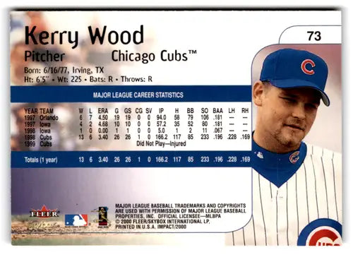 2000 Fleer Impact Kerry Wood baseball card with original gloss in NM-MT condition