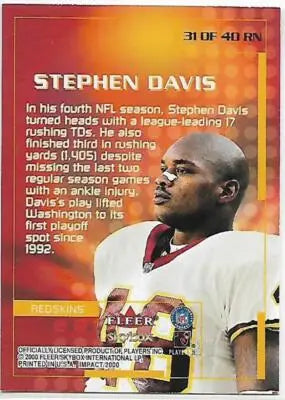 2000 Fleer Impact Rewind ’99 #31 Stephen Davis NM Near Mint Redskins - Football Card Single