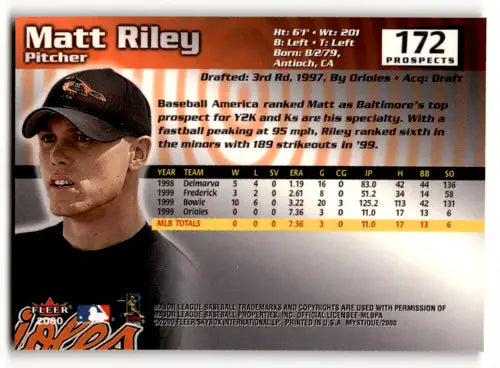 Original gloss Fleer Mystique Matt Riley baseball card from 2000 Fleer Mystique series