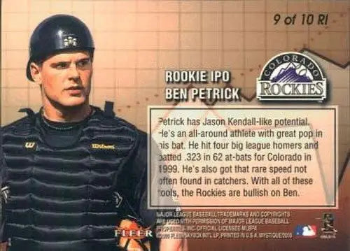 Ben Petrick Fleer Mystique Rookie baseball card from 2000 Fleer Mystique I.P.O. RI9