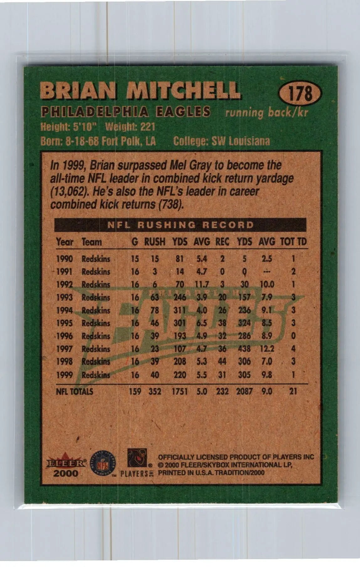 2000 Fleer Tradition #178 Brian Mitchell Philadelphia Eagles - Football Card Single