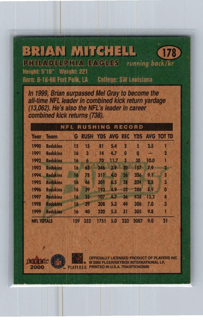 2000 Fleer Tradition #178 Brian Mitchell Philadelphia Eagles - Football Card Single