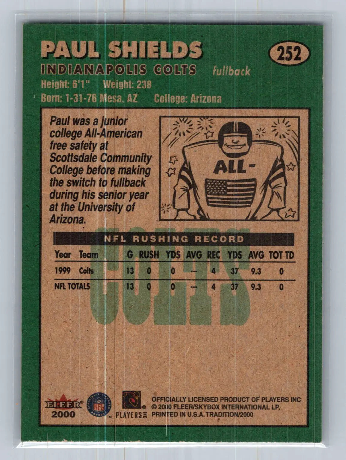 2000 Fleer Tradition #252 Paul Shields Indianapolis Colts Rookie - Football Card Single