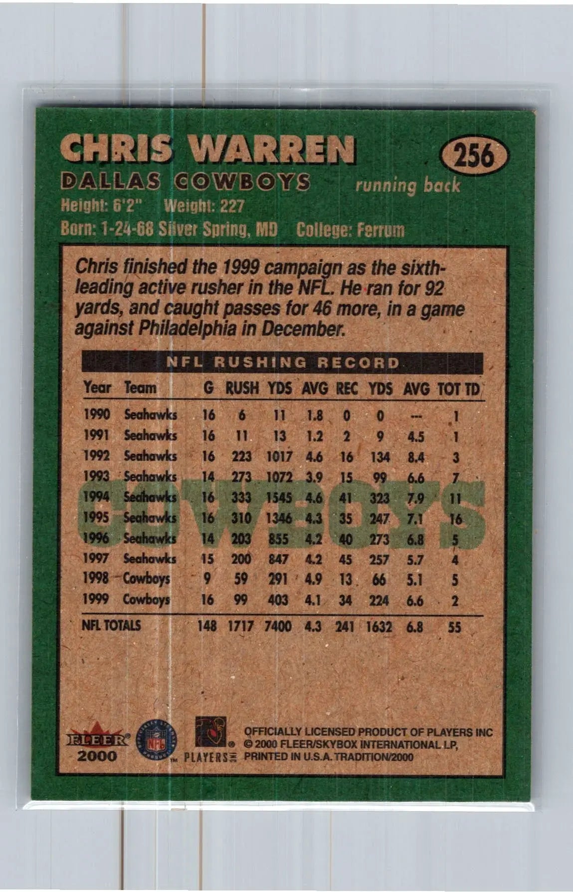 2000 Fleer Tradition #256 Chris Warren Dallas Cowboys - Football Card Single