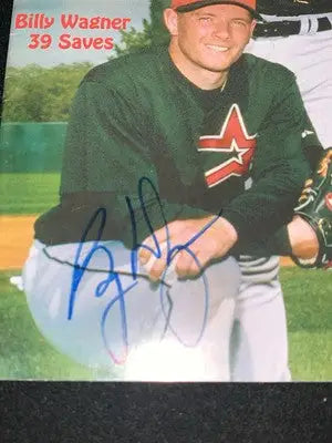 Autographed Billy Wagner baseball card with 39 Saves displayed in Houston Astros Deck Magazine