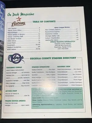 Houston Astros deck magazine table of contents featuring Jose Lima and Billy Wagner
