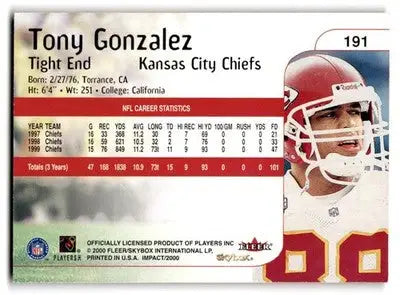 2000 Impact #191 Tony Gonzalez - Football Card Single