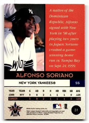 2000 Pacific Baseball Vanguard Alfonso Soriano #31 Rookie New York Yankees - Baseball Card Single