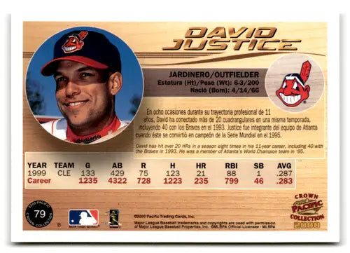 2000 Pacific Crown Collection #79 David Justice NM Near Mint Indians ID:81551 - Baseball Card Single