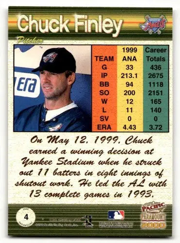 Original gloss Chuck Finley Anaheim baseball card from 2000 Pacific Paramount featuring Finley Anaheim Angels