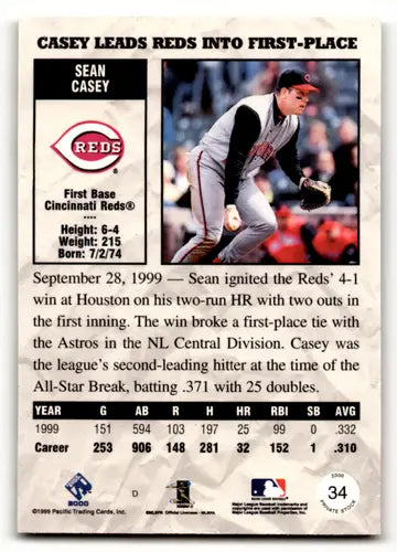 2000 Pacific Private Stock #34 Sean Casey NM Near Mint Reds ID:58856 - Baseball Card Single