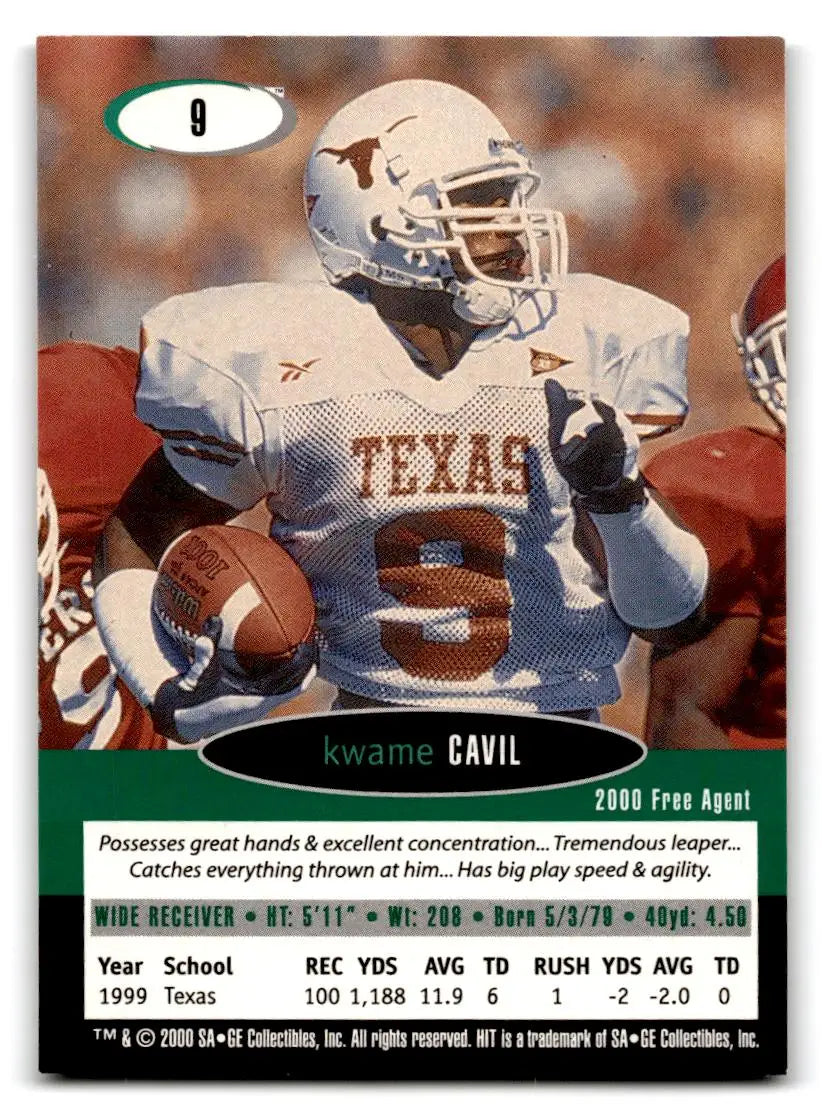2000 SAGE HIT #9 Kwame Cavil - Football Card Single