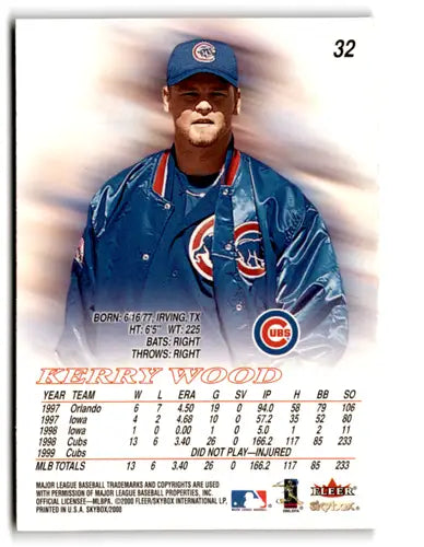 Original gloss Kerry Wood baseball card from 2000 SkyBox Cubs series