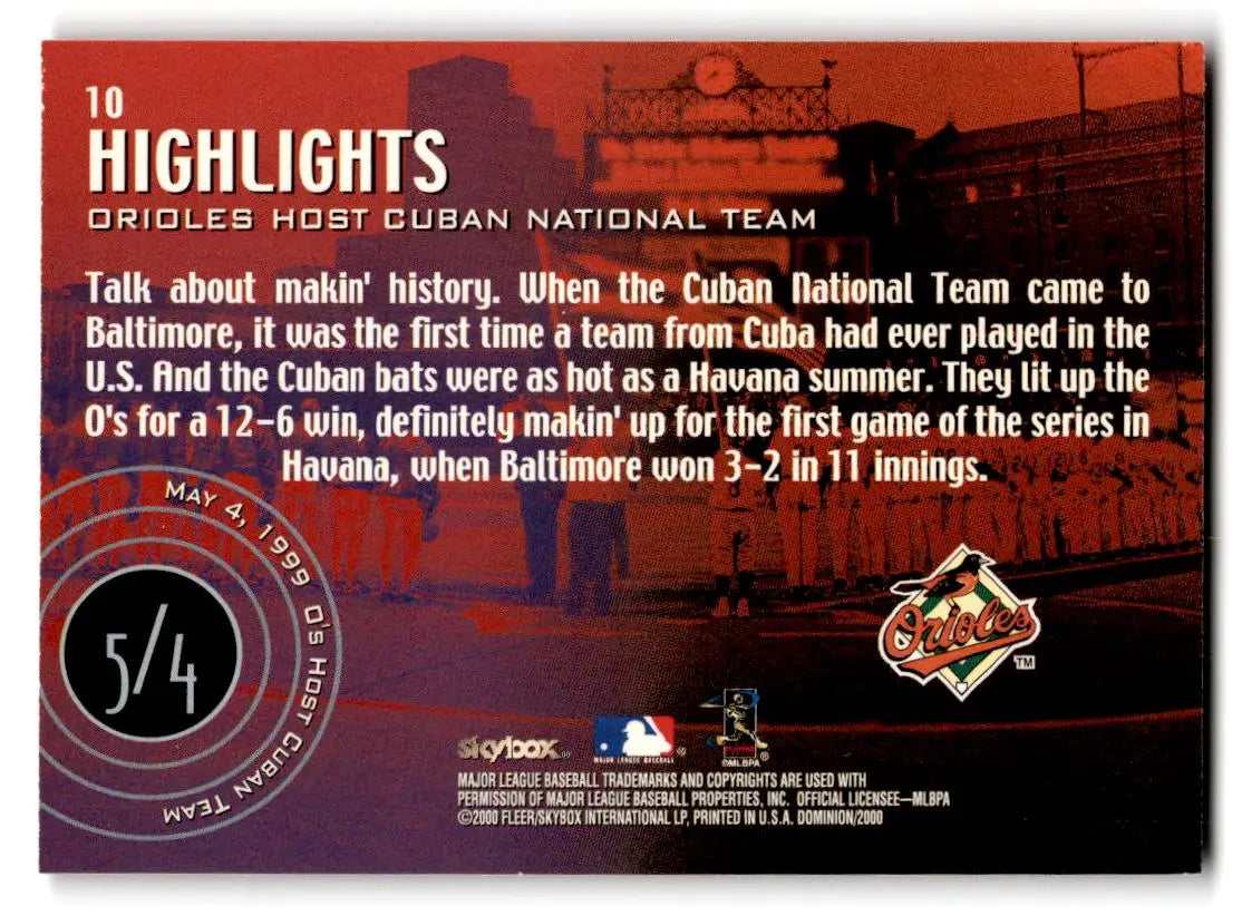 2000 SkyBox Dominion #10 Orioles / Cuban Nat’l HL UER - Baseball Card Single