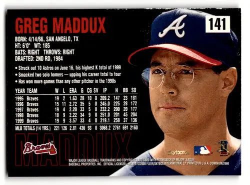 2000 SkyBox Dominion Greg Maddux baseball card with original gloss and NM Near Mint condition