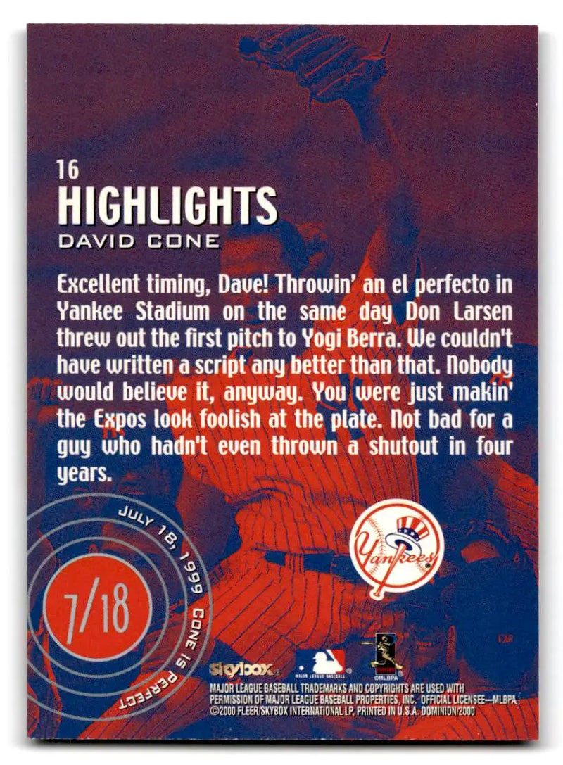 2000 SkyBox Dominion #16 David Cone - Baseball Card Single