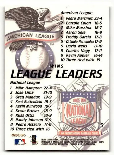 Original gloss SkyBox Dominion baseball league leaders card featuring Randy Johnson