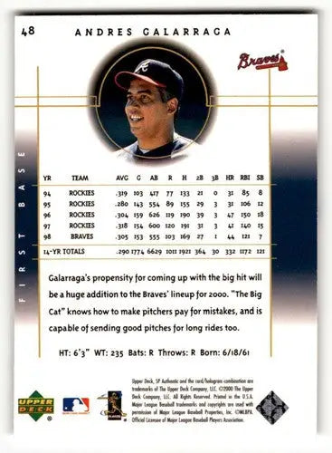 2000 SP Authentic #48 Andres Galarraga Atlanta Braves Baseball Cards ID:63313 - Baseball Card Single