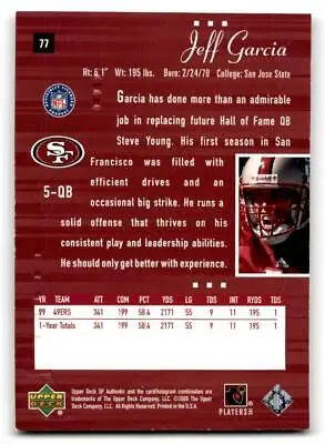 Jeff Garcia football card from 2000 SP Authentic #77 trading cards collection