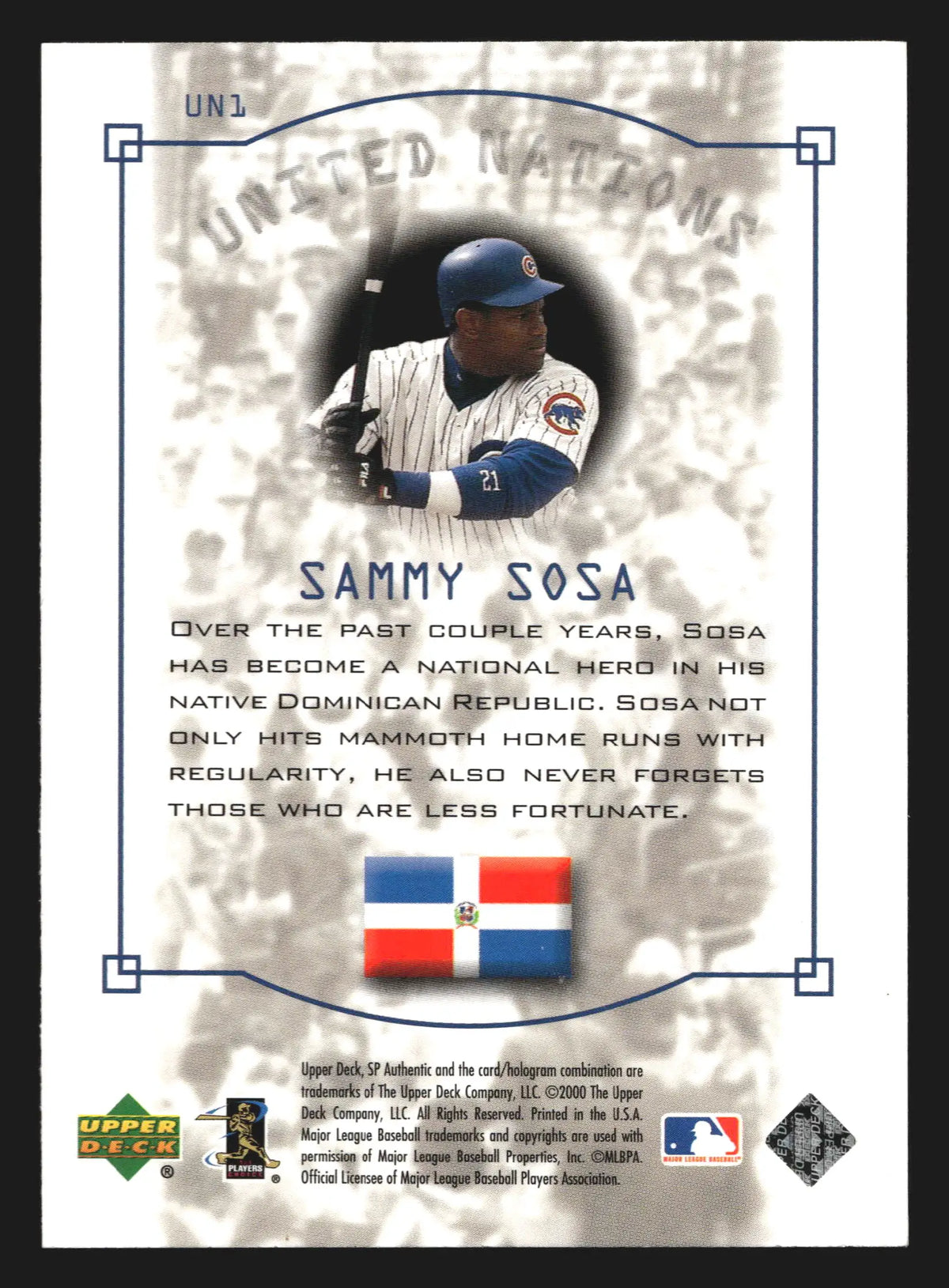 2000 SP Authentic United Nations Sammy Sosa #UN1 Chicago Cubs - Baseball Card Single