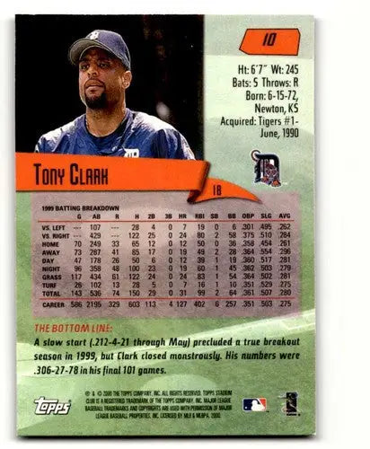 Original gloss Tony Clark Detroit Tigers baseball card from 2000 Stadium Club series