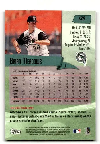 Original gloss Brian Meadows Florida baseball card featuring Meadows Florida Marlins team