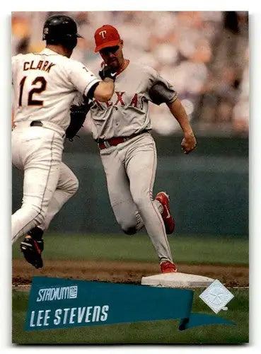 Baseball card of Lee Stevens Texas Rangers from 2000 Stadium Club series