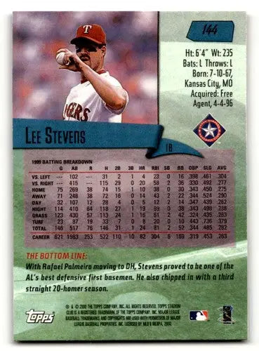 Back of 2000 Stadium Club Lee Stevens Texas Rangers baseball card showcasing player stats