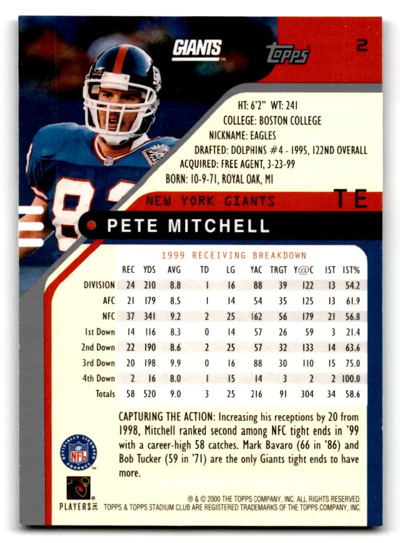 2000 Stadium Club #2 Pete Mitchell - Football Card Single