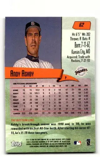 2000 Stadium Club #62 Andy Ashby San Diego Padres Baseball Cards EX/ ID:63675 - Baseball Card Single
