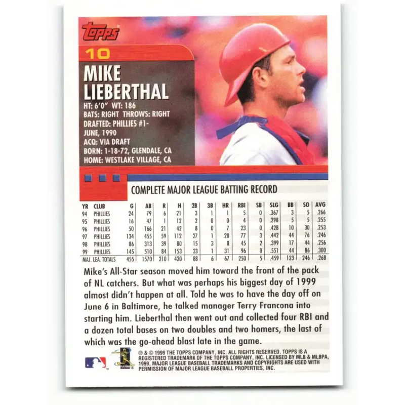 2000 Topps #10 Mike Lieberthal EX Excellent Philadelphia Phillies Baseball Card - Baseball Card Single
