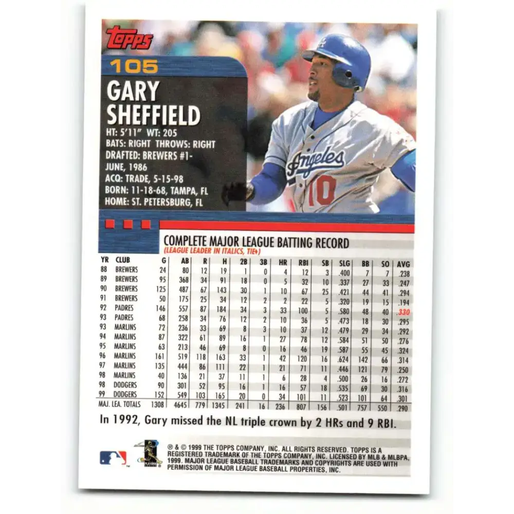 2000 Topps #105 Gary Sheffield EX Excellent Los Angeles Dodgers Baseball Card - Baseball Card Single