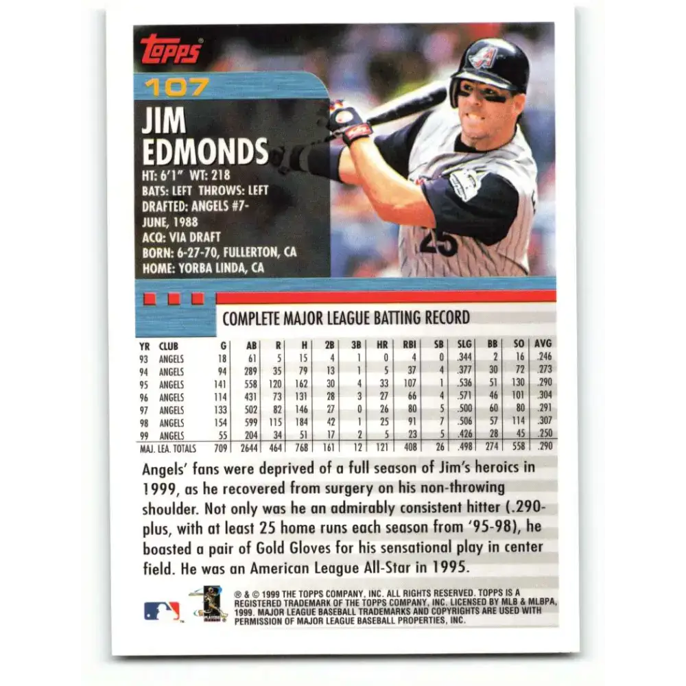 2000 Topps #107 Jim Edmonds EX Excellent Anaheim Angels Baseball Card - Baseball Card Single