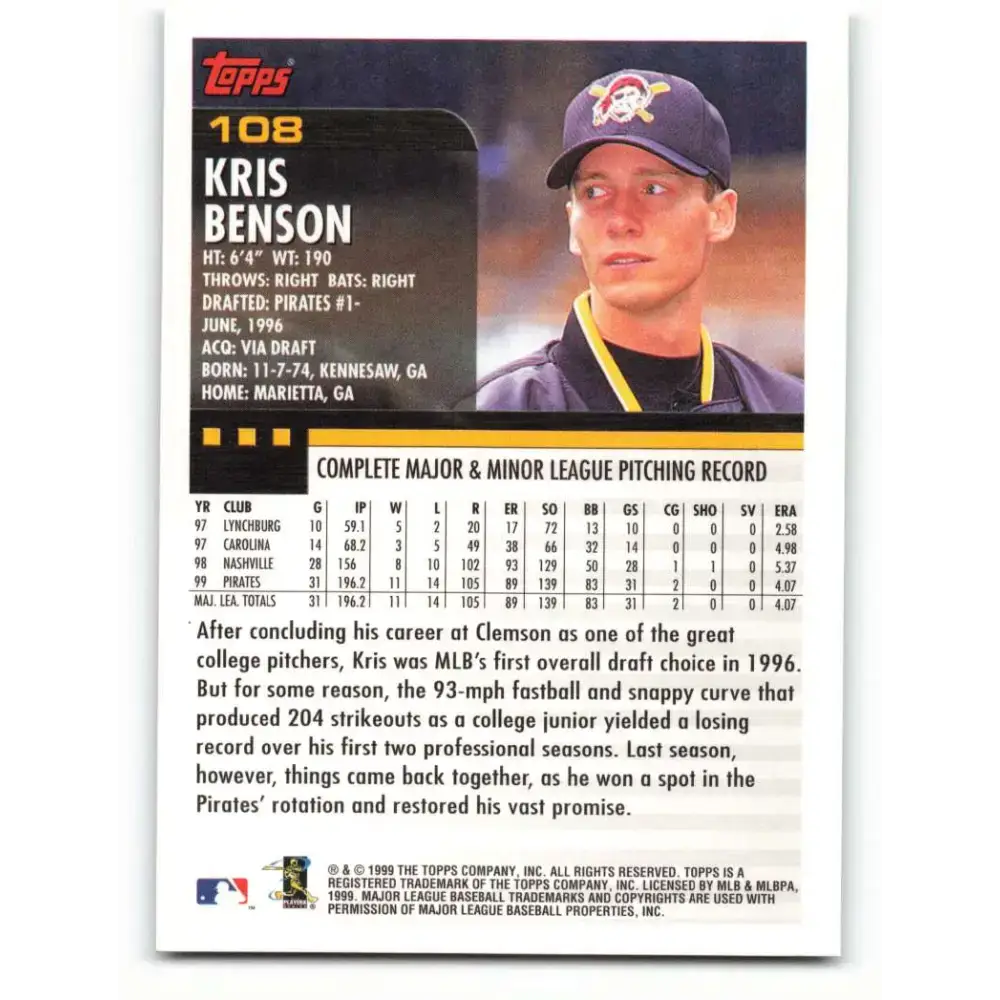 2000 Topps #108 Kris Benson EX Excellent Pittsburgh Pirates Baseball Card - Baseball Card Single