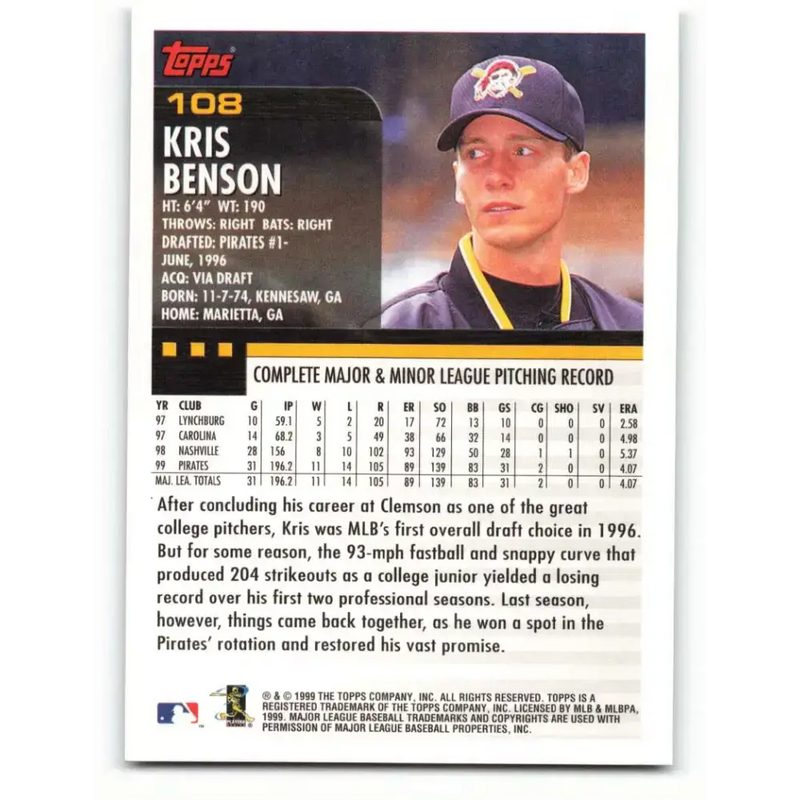 2000 Topps #108 Kris Benson EX Excellent Pittsburgh Pirates Baseball Card - Baseball Card Single