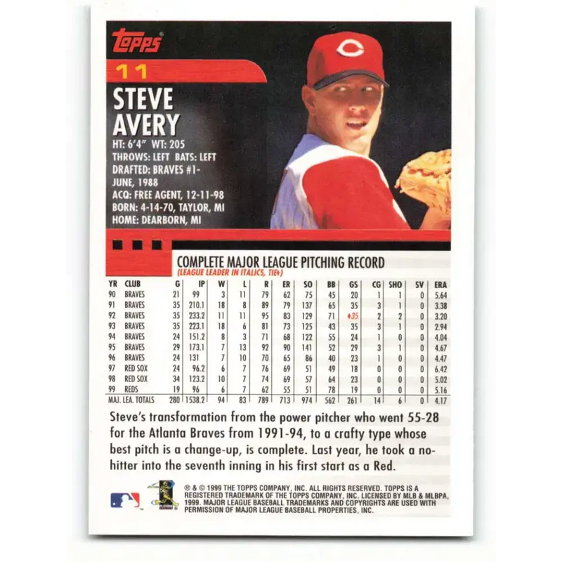 2000 Topps #11 Steve Avery EX Excellent Cincinnati Reds Baseball Card - Baseball Card Single