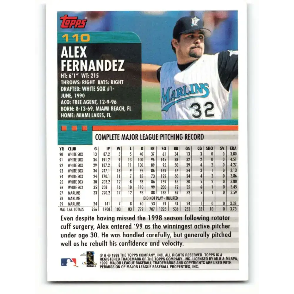 2000 Topps #110 Alex Fernandez EX Excellent Florida Marlins Baseball Card - Baseball Card Single