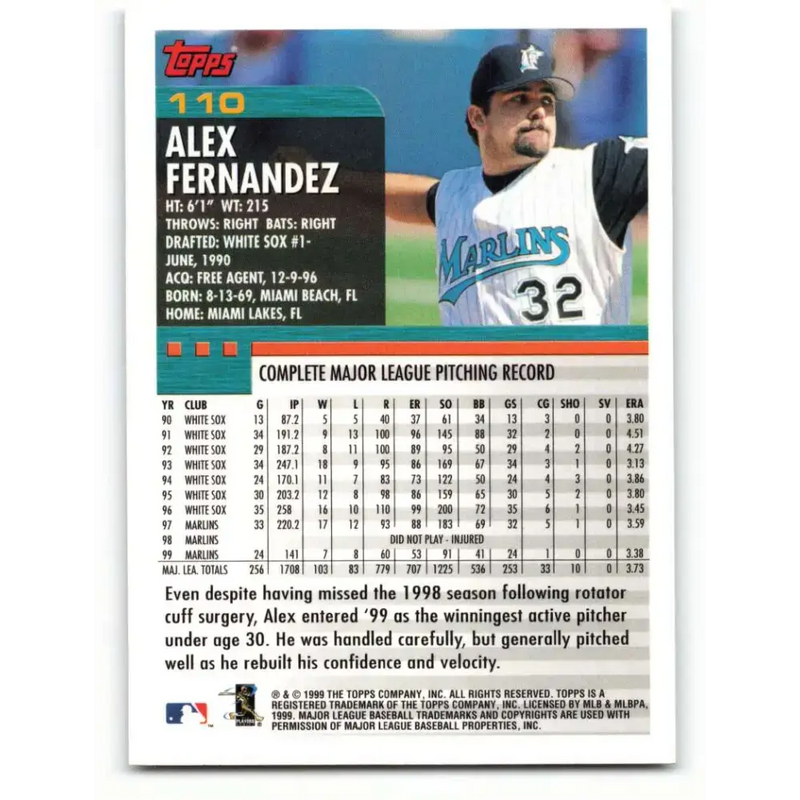 2000 Topps #110 Alex Fernandez EX Excellent Florida Marlins Baseball Card - Baseball Card Single