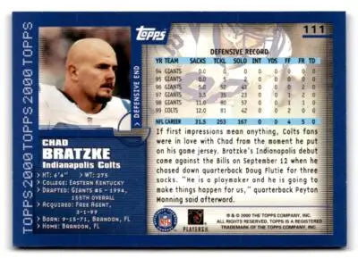 Chad Bratzke football card from 2000 Topps #111 showcasing Chad Bratzke football memorabilia