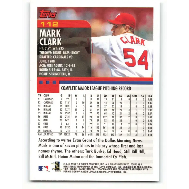 2000 Topps #112 Mark Clark EX Excellent Texas Rangers Baseball Card - Baseball Card Single