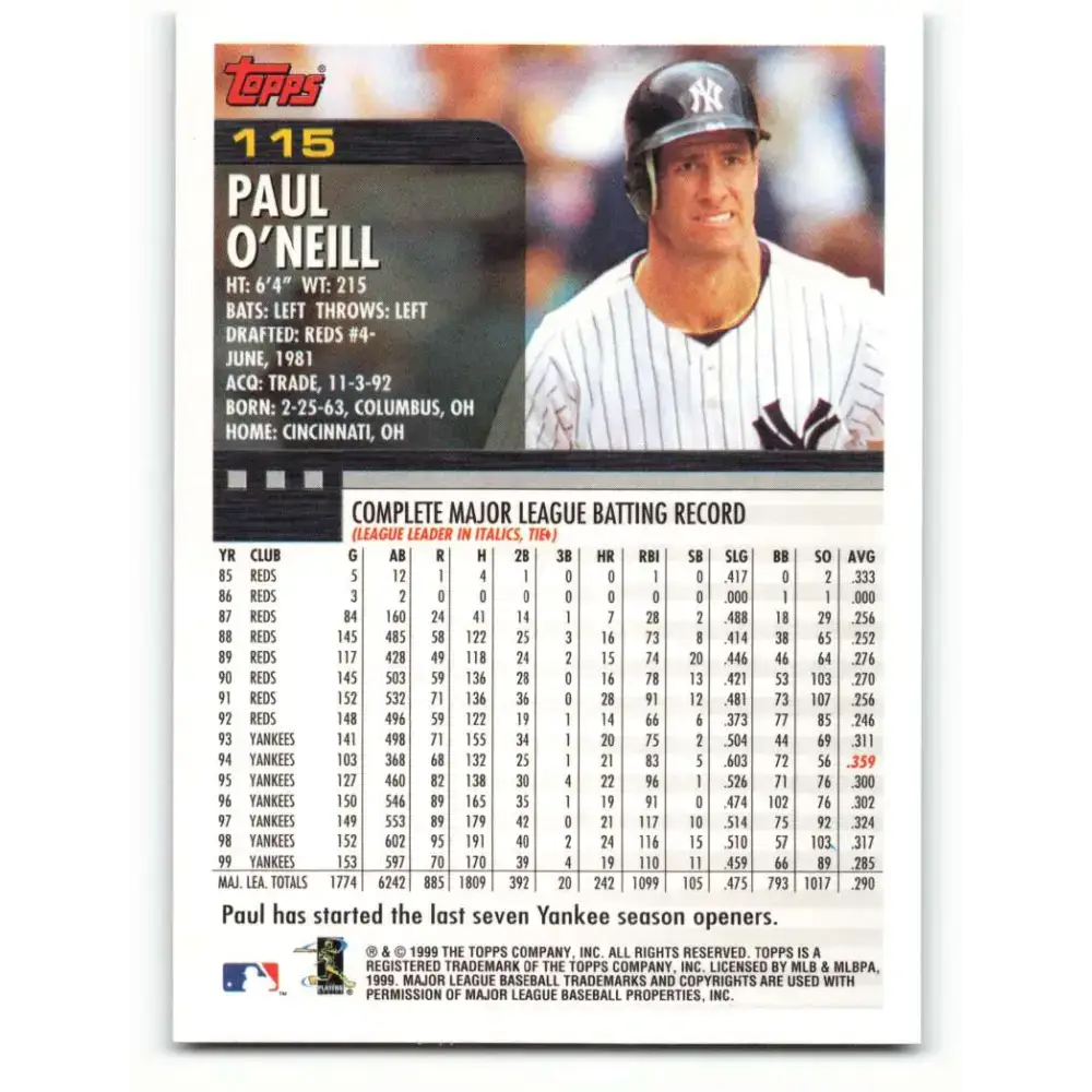 2000 Topps #115 Paul O’Neill EX Excellent New York Yankees Baseball Card - Baseball Card Single