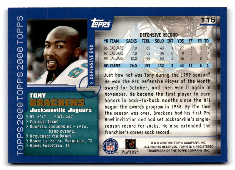 2000 Topps #115 Tony Brackens - Football Card Single