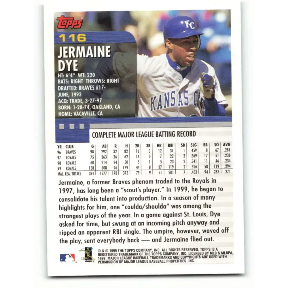 2000 Topps #116 Jermaine Dye EX Excellent Kansas City Royals Baseball Card - Baseball Card Single