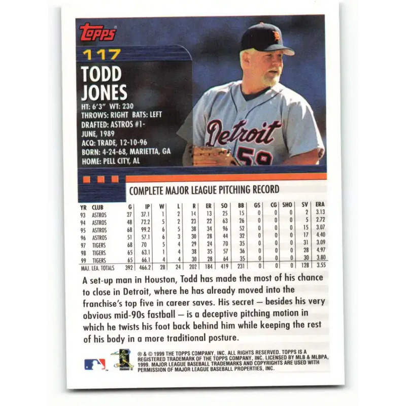 2000 Topps #117 Todd Jones EX Excellent Detroit Tigers Baseball Card - Baseball Card Single
